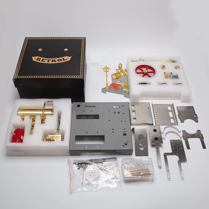 RETROL SE-02 Metal Reversible Horizontal Stationary Steam Engine and Boiler Model Kit with Generator and Street Lamp - enginediyshop