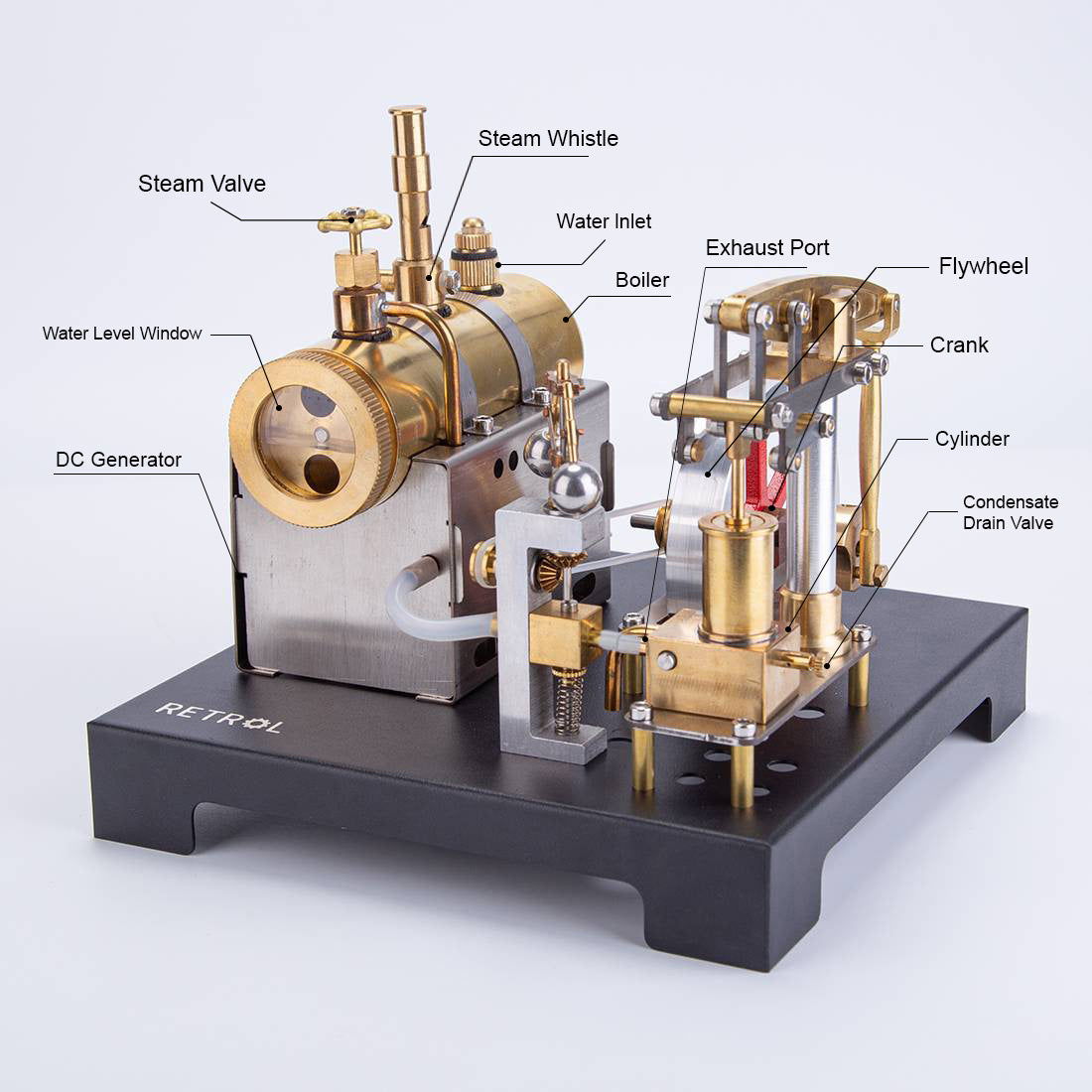 RETROL SE-01 Full Metal Stationary Beam Steam Engine Model and Horizontal Boiler Kit - enginediyshop