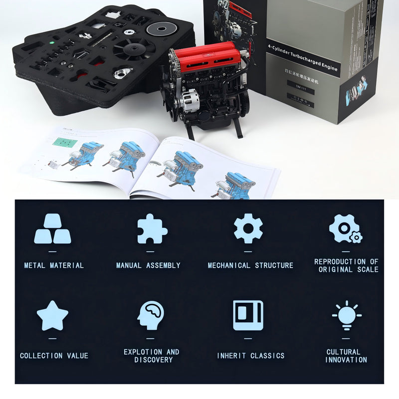 TECHING L4 Car Engine 3D Metal Turbocharged Inline 4 Cylinder Engine Kit Mechanical Assembly Motor (364+PCS/Blue)