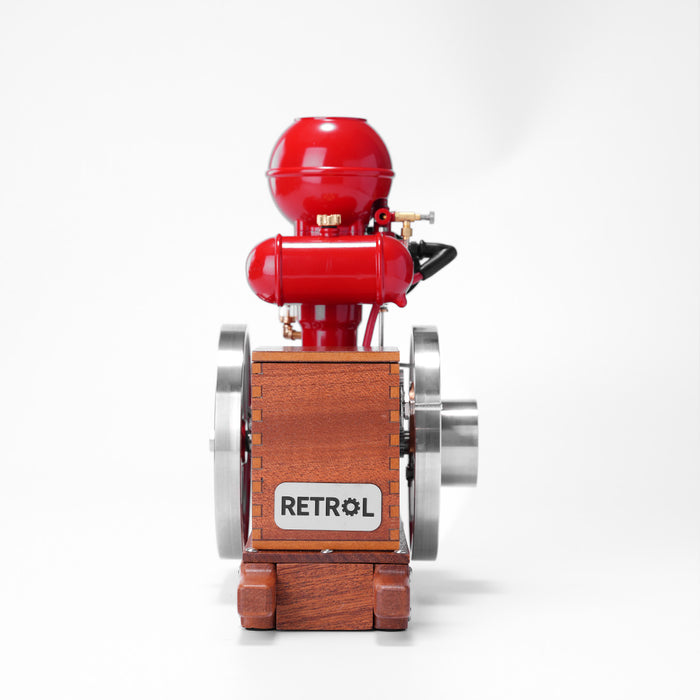 RETROL & OKMO B01 Hit and Miss Gasoline Engine Model Ball Top Miniature Water-Cooled Single-Cylinder 4-Stroke Internal Combustion Engine with Ignition System and Wooden Display Stand