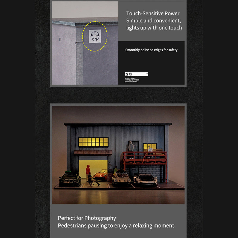 1/64 Scale Wooden American Style Garage & Parking Lot Model with LED Lights, Miniature Building Diorama for Car Photography & Display (Figures & Cars Not Included) enginediyshop