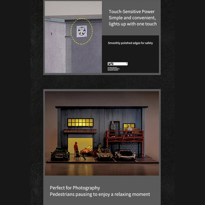 1/64 Scale Wooden American Style Garage & Parking Lot Model with LED Lights, Miniature Building Diorama for Car Photography & Display (Figures & Cars Not Included) enginediyshop