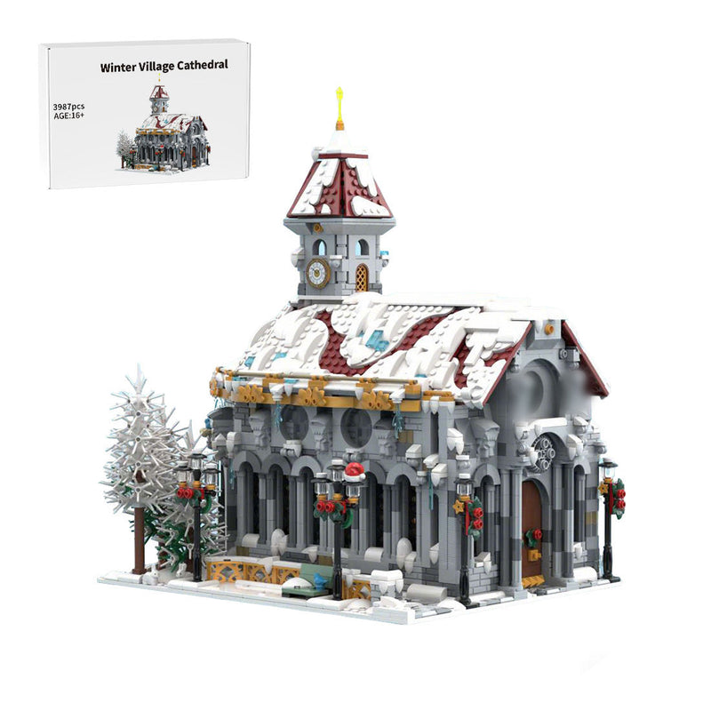 MOC-238564 Winter Village Cathedral Building Block Set with Snowy Red Roof, Clock Tower, Christmas Decor and Detailed Architectural Design-3987PCS enginediyshop