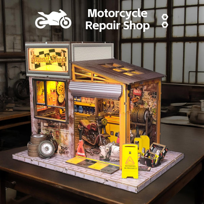 Motorcycle Repair Shop DIY 3D Wooden Miniature Scene Model Kit (213PCS) enginediyshop