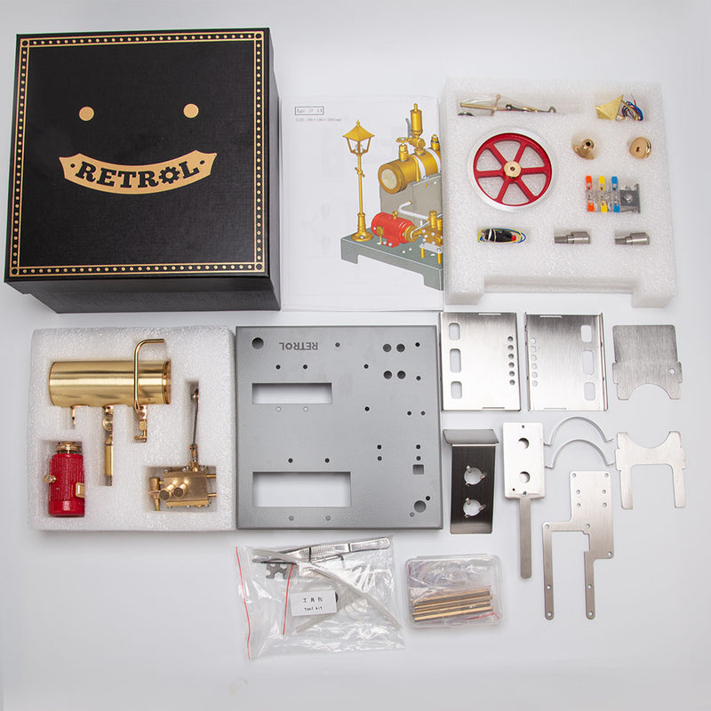 RETROL SE-02 Metal Reversible Horizontal Stationary Steam Engine and Boiler Model Kit with Generator and Street Lamp - enginediyshop