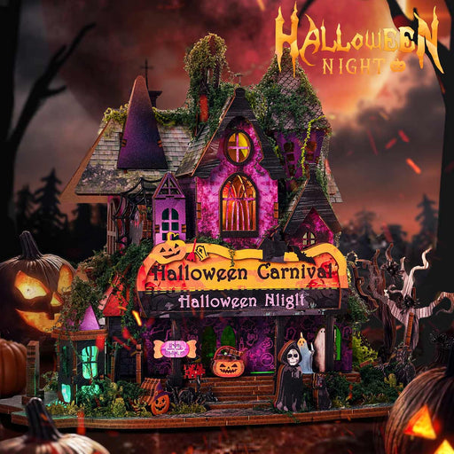 Halloween Night 3D Wooden DIY Miniature Horror House Kit, Spooky Terrifying Desktop Model & Halloween Decoration enginediyshop