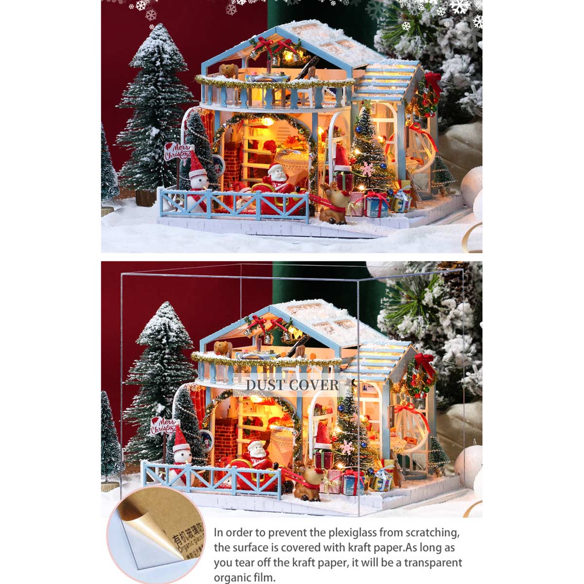 Christmas Snowy Night DIY Miniature House Model Kit, Winter Scene Music Box with Glass Cover, Desktop Decor & Handcrafted Puzzle Gift for Holidays (200+PCS) enginediyshop