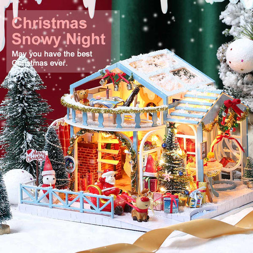 Christmas Snowy Night DIY Miniature House Model Kit, Winter Scene Music Box with Glass Cover, Desktop Decor & Handcrafted Puzzle Gift for Holidays (200+PCS) enginediyshop