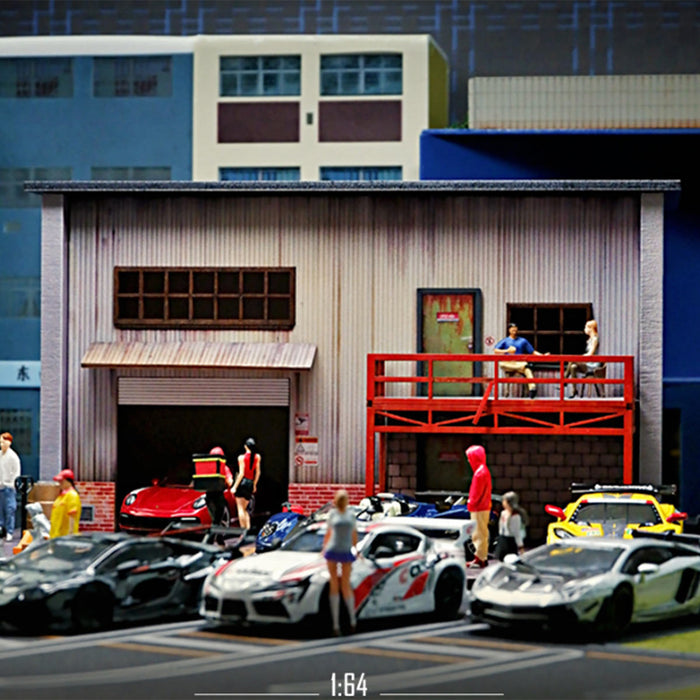 1/64 Scale Wooden American Style Garage & Parking Lot Model with LED Lights, Miniature Building Diorama for Car Photography & Display (Figures & Cars Not Included) enginediyshop