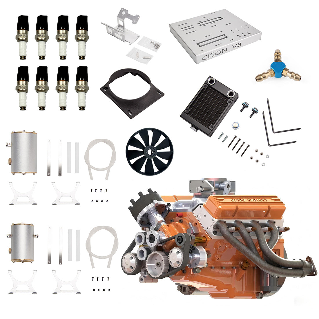 CISON Small-block 44CC 1/6 Scale V8 Engine Model, Water-Cooled 4-Stroke 8-Cylinder Gasoline Engine Internal Combustion V8 Engine Model Kit enginediyshop