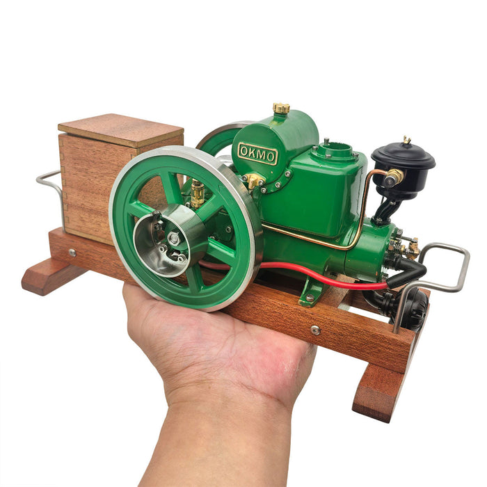 OKMO 1110 Miniature Single-Cylinder 4-Stroke Water-Cooled Horizontal Gasoline Internal Combustion Engine Model with Wooden Display Stand and Ignition System, Japanese Retro Industrial Mechanical Collectible enginediyshop