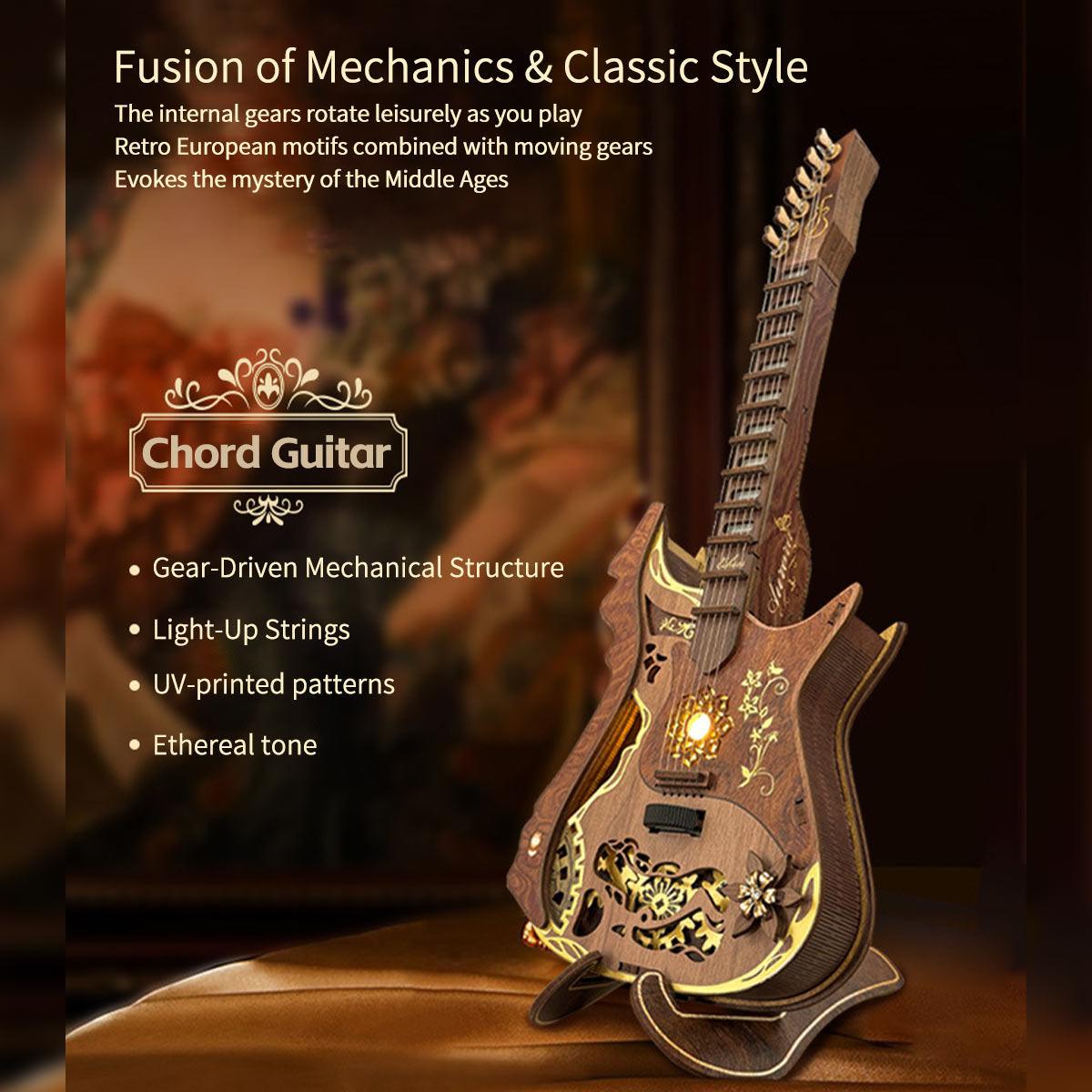 Chord Guitar DIY 3D Wooden Model Kit with LED Lights and Playable Strings, Creative Gift & Desktop Decor (114PCS) enginediyshop