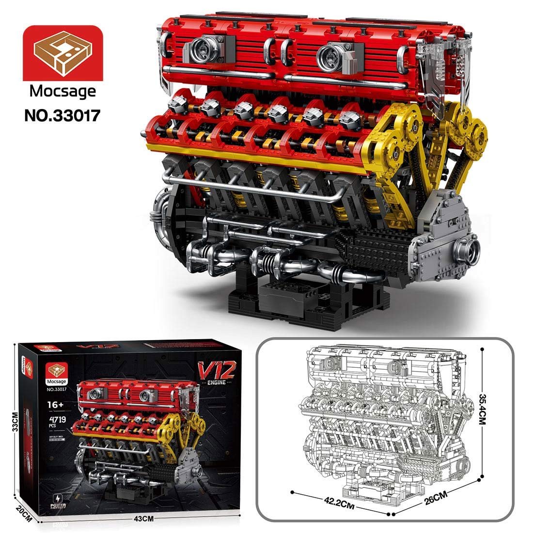 MOC-Mocsage 60°  Lamborghini  V12 Engine Building Blocks Set（4719PCS） enginediyshop