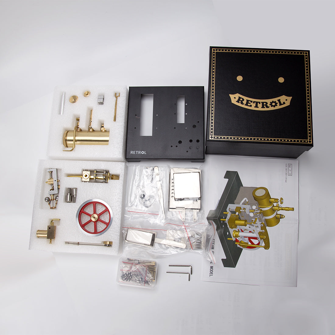 RETROL Modelo de motor de vapor DIY de metal completo con caldera horizontal y gobernador centrífugo Flyball (84PCS)