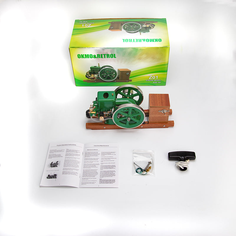 RETROL & OKMO Z01 Gasoline Engine Model Ball Top Miniature Water-Cooled Single-Cylinder 4-Stroke Internal Combustion Engine with Ignition System and Wooden Display Stand