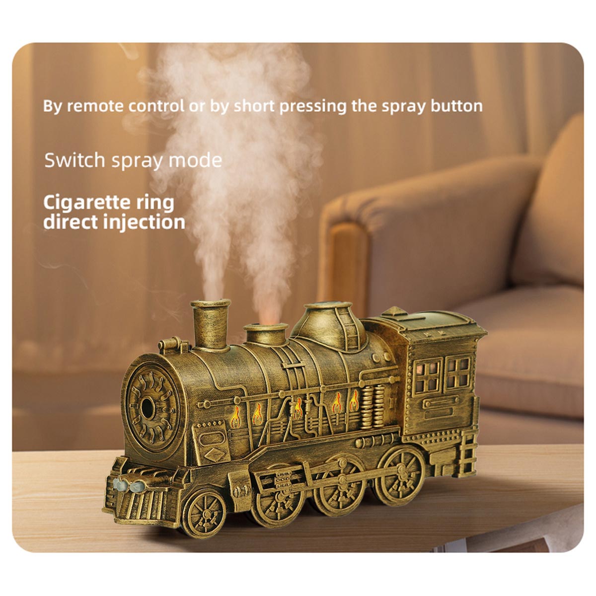 300ml Vintage Steam Train Aromatherapy Essential Oil Diffuser and Humidifier with Dual-Color LED Light (Standard US Power Supply/Bronze) enginediyshop