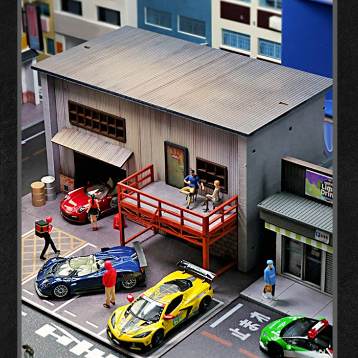 1/64 Scale Wooden American Style Garage & Parking Lot Model with LED Lights, Miniature Building Diorama for Car Photography & Display (Figures & Cars Not Included) enginediyshop