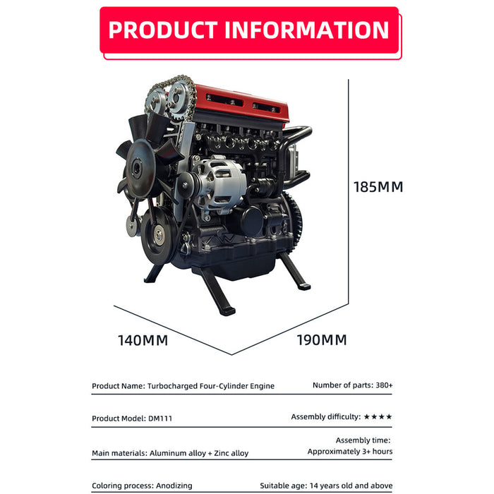 TECHING 3D Metal Turbocharged Inline-four Car Engine DM111-1 Mechanical Engineering DIY Assembly L4 Engine Model Kit (364+PCS/Black and Red) enginediyshop