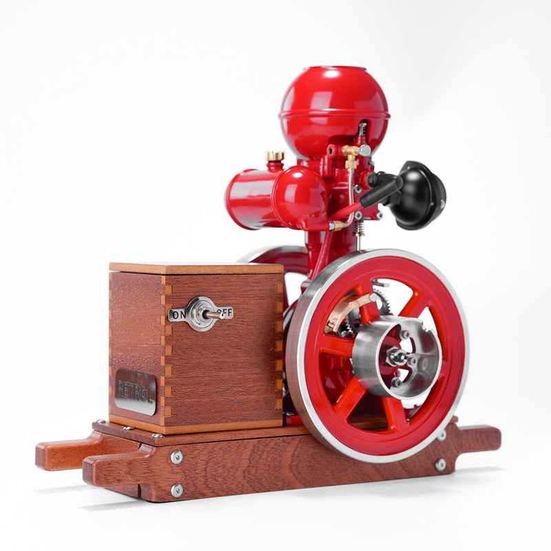 RETROL & OKMO B01 Hit and Miss Gasoline Engine Model Ball Top Miniature Water-Cooled Single-Cylinder 4-Stroke Internal Combustion Engine with Ignition System and Wooden Display Stand
