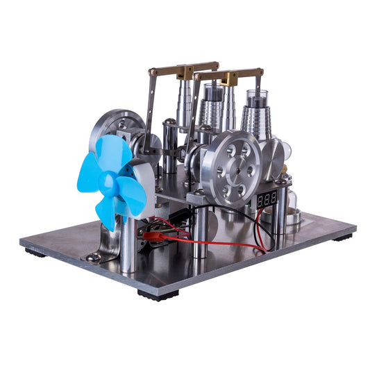 2 Cylinder Hot Air Stirling Engine Electricity Generator with Bulb, Voltage Meter, Fan enginediyshop