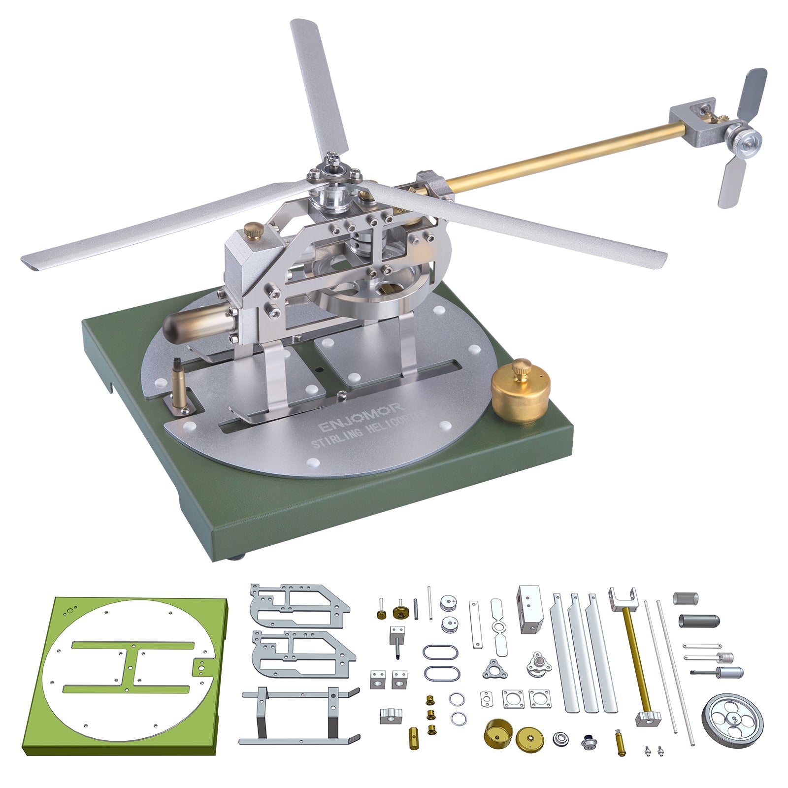 ENJOMOR DIY Assembly Stem Educational Toy Metal Stirling Helicopter Model Kit Gamma Hot Air Stirling Engine Model