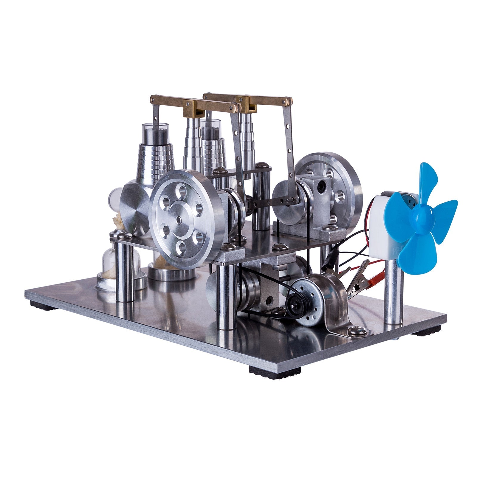 2 Cylinder Hot Air Stirling Engine Electricity Generator with Bulb, Voltage Meter, Fan enginediyshop